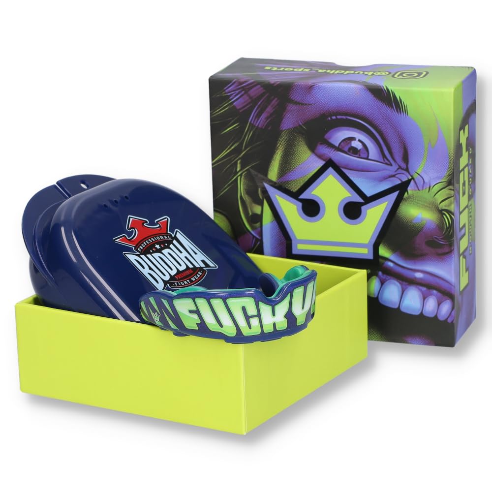 BUDDHA FIGHT WEAR Protector bucal Premium adultos y niños +12 Años para deportes de contacto rugby MMA kickboxing judo hockey boxeo Azul-Amarillo