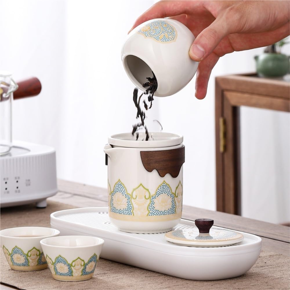 HLTYGWX Pojemnik na herbatę kreatywny podróżny zestaw do herbaty przenośny zewnętrzny ceramiczny luzem słoik do przechowywania herbaty zestaw herbaciany jeden garnek cztery filiżanki z puszką na