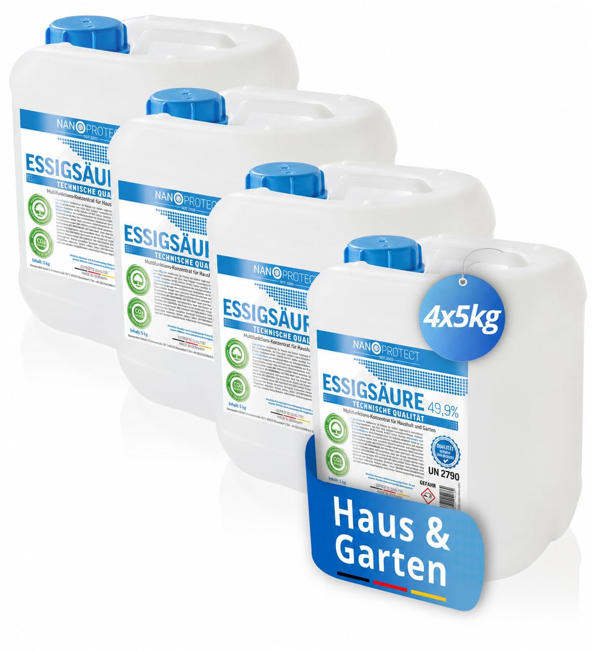 Nanoprotect Essigsäure 49,9% Klimaneutral - 20 kg | Ideal als Reiniger und Entkalker | Für Haus und Garten | Premium Qualität – Made in Germany