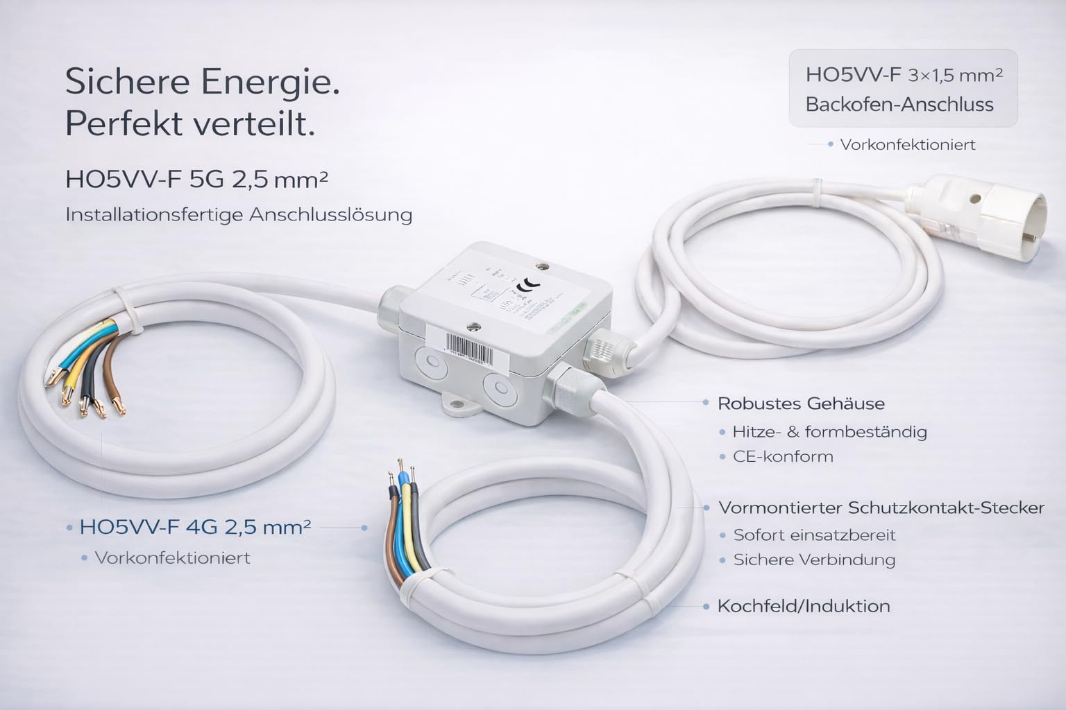 Power Splitter 2m Herdverteiler Stromverteiler Küchen Anschluss Box Backofen Kochfeld Ceran Induktion White