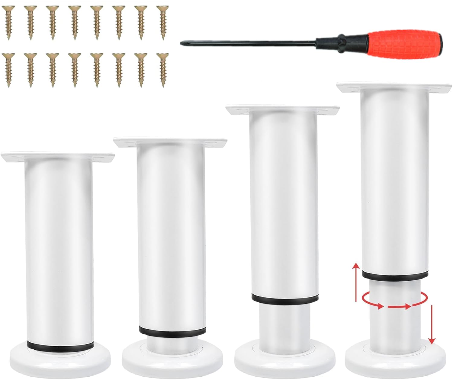 4 PCS Patas Pies Ajustables Pata de MeAjustable,Regulables con 16 Kit Destornillador y Tornillos,para Armarios Mesillas de Noche Camas Escritorios Cómoda Estantería (Blanco, 18-32 cm)