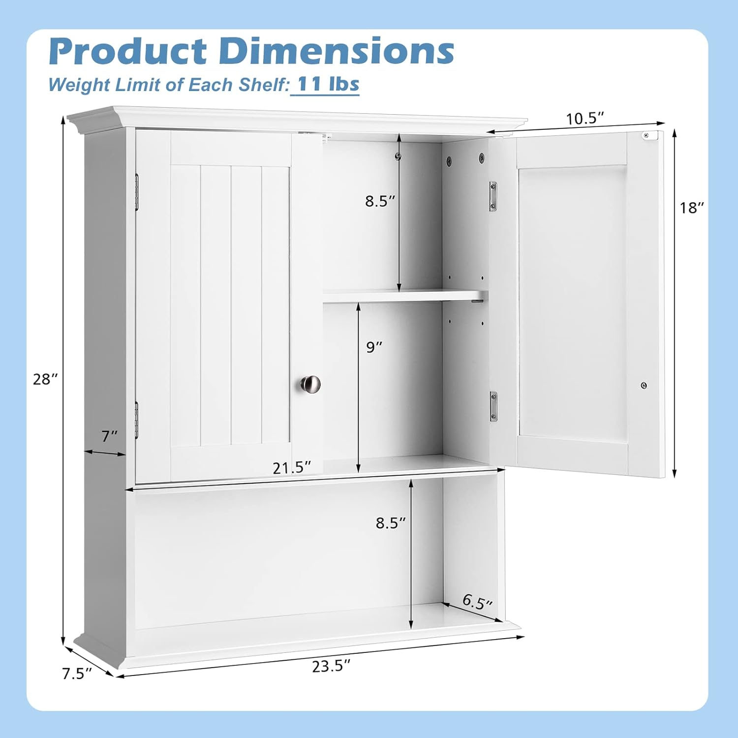 LOKO Bathroom Wall Cabinet, Wall Mounted Storage Cabinet with Double Doors, Multifunctional Medicine Cabinet with Adjustable Shelf, 23.5 x 7.5 x 28 inches (White)
