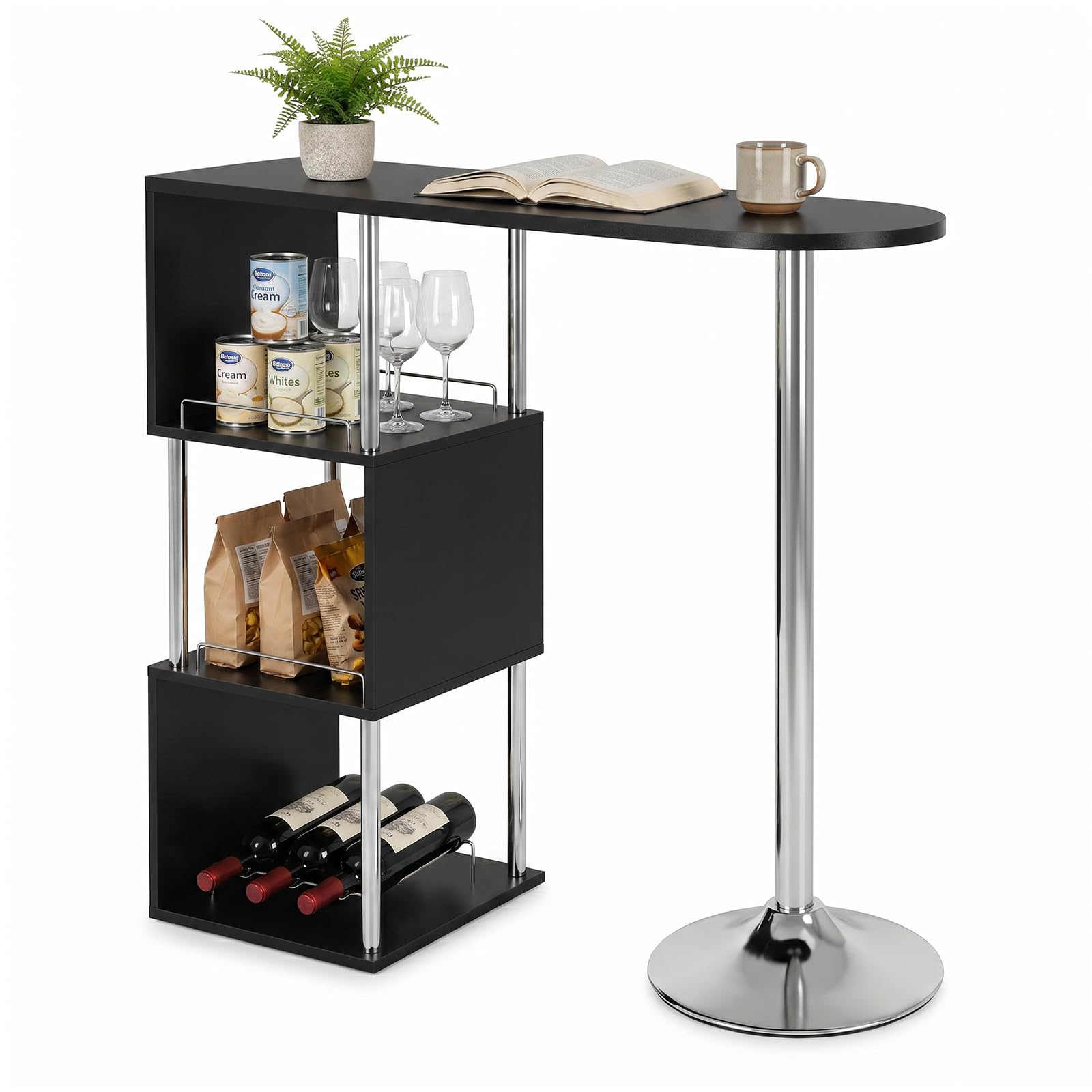 WOLTU Stół barowy z trzema kratkami na wino, bar kuchenny z metalowymi konstrukcjami i MDF, stół do bistro, jadalni, 113 x 40 x 105 cm, czarny
