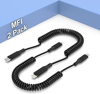 Coiled USB-C to Lightning Cable, 2 Pack Coiled Apple Carplay Cable [Mfi Certified], USB C to Lightning Cable Short Fast Charger & Data Sync, Retractable USB C to Lightning Cable for iPhone/iPad/iPod