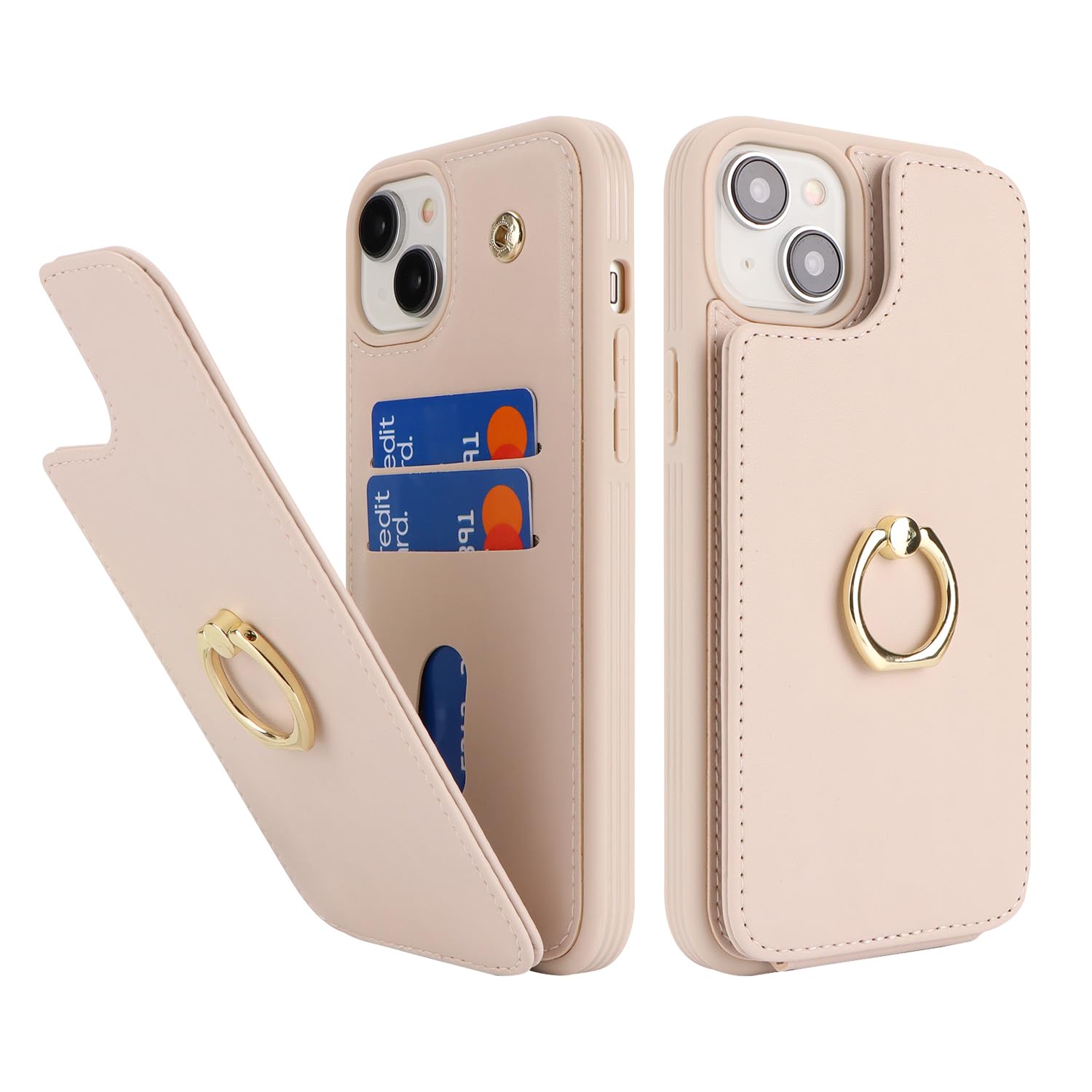 SailorTech Funda para iPhone 15 Plus con tarjetero para mujer, iPhone 15 Plus, funda con anillo, ranuras para tarjetas, función atril, moderna funda para hombres, beige
