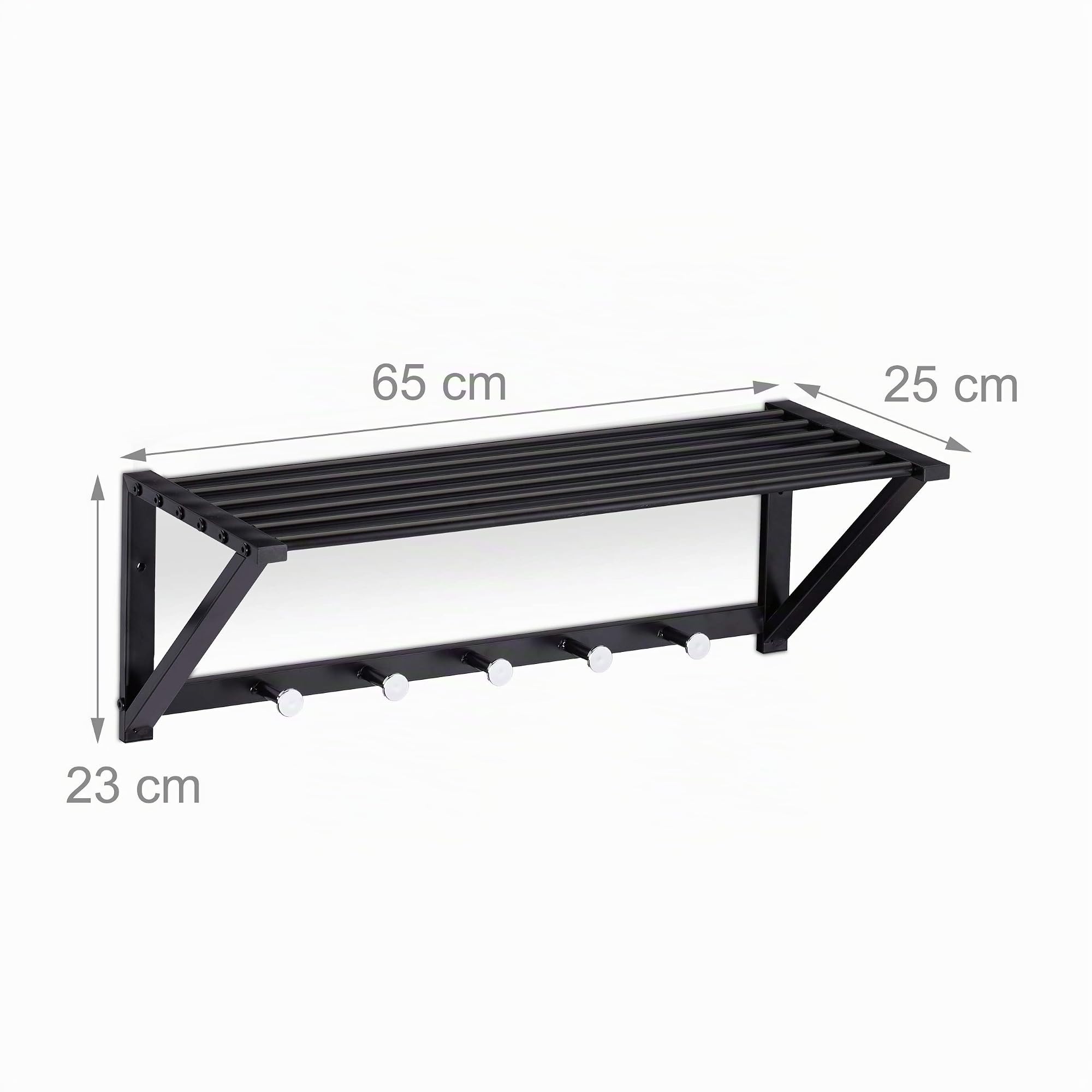 Relaxdays Attaccapanni da Muro con Ripiano, Mensola Portaoggetti con 5 Ganci, Corridoio e Bagno, 23 x 65 x 25 cm, Nero