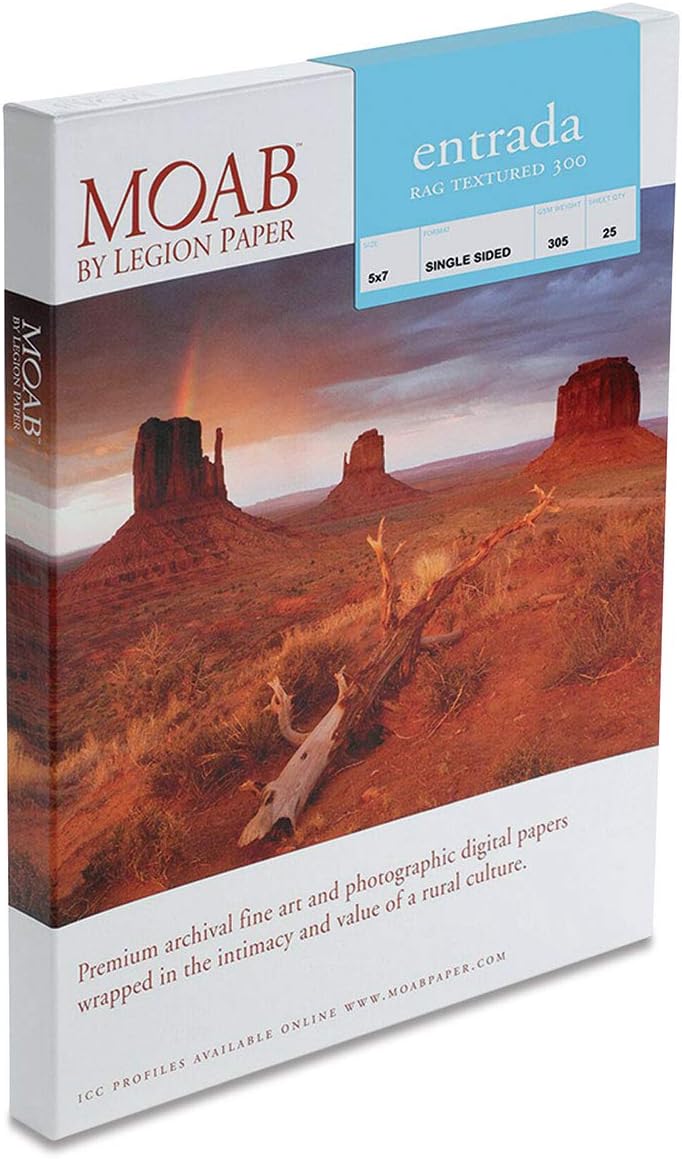 Moab Entrada Rag Textured 300 Matte Surface Single-Sided Inkjet Print Paper, 22.5mil, 300gsm, 5x7", 25 Sheets