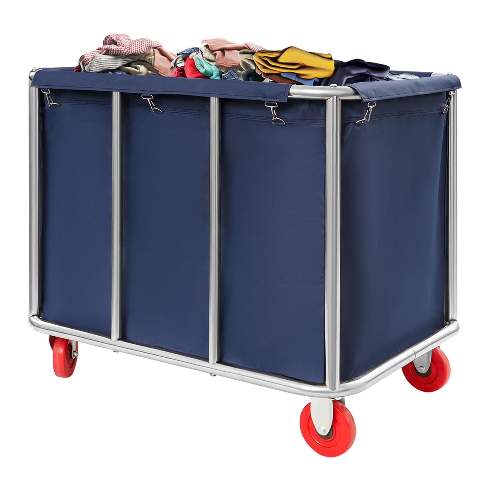 Carrello per la biancheria, 90 x 65 x 80 cm, in acciaio inox, con ruote, portata fino a 200 kg, per hotel, ospedali, mollette (blu) - 2