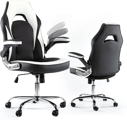 Silla ergonómica de videojuegos con respaldo alto, silla de escritorio ajustable en altura con reposabrazos abatible, silla de piel sintética, color