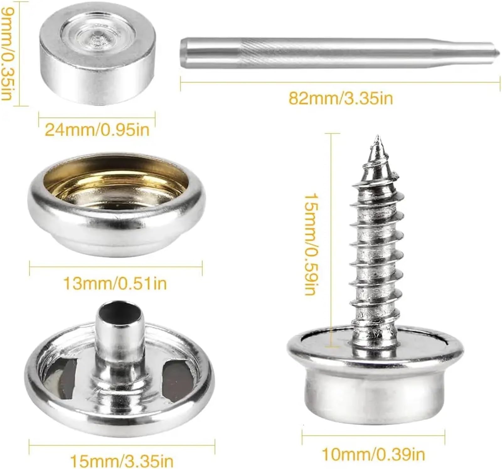 Kit de 150 broches for lona, ​​tornillos metálicos, grado marino, 3/8", acero inoxidable, con herramienta ajuste