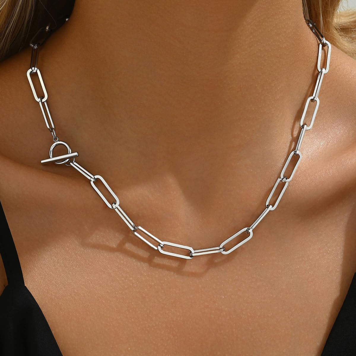 Vergoldete klobige Kette für Damen, zierlicher kubanischer Büroklammer-Knebelverschluss, Dicker, Trendiger Layering-Link-Edelstahl-Schmuck