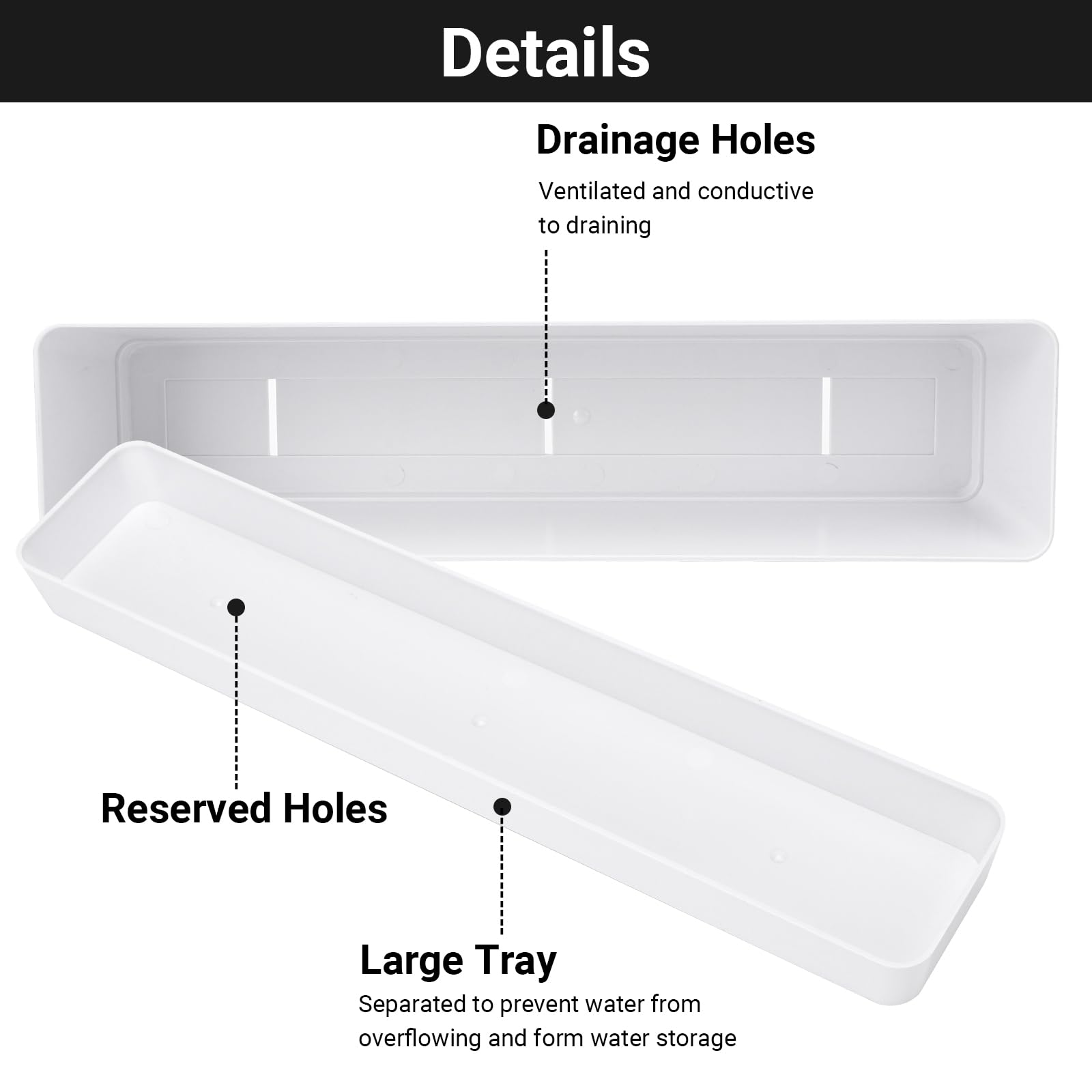 Greaner Confezione Da 6 Fioriere Rettangolari Con Sottovaso, Per Piante Grasse E Cactus, In Plastica ABS, 30,5 X 9,7 X 8,5 Cm, Colore Bianco