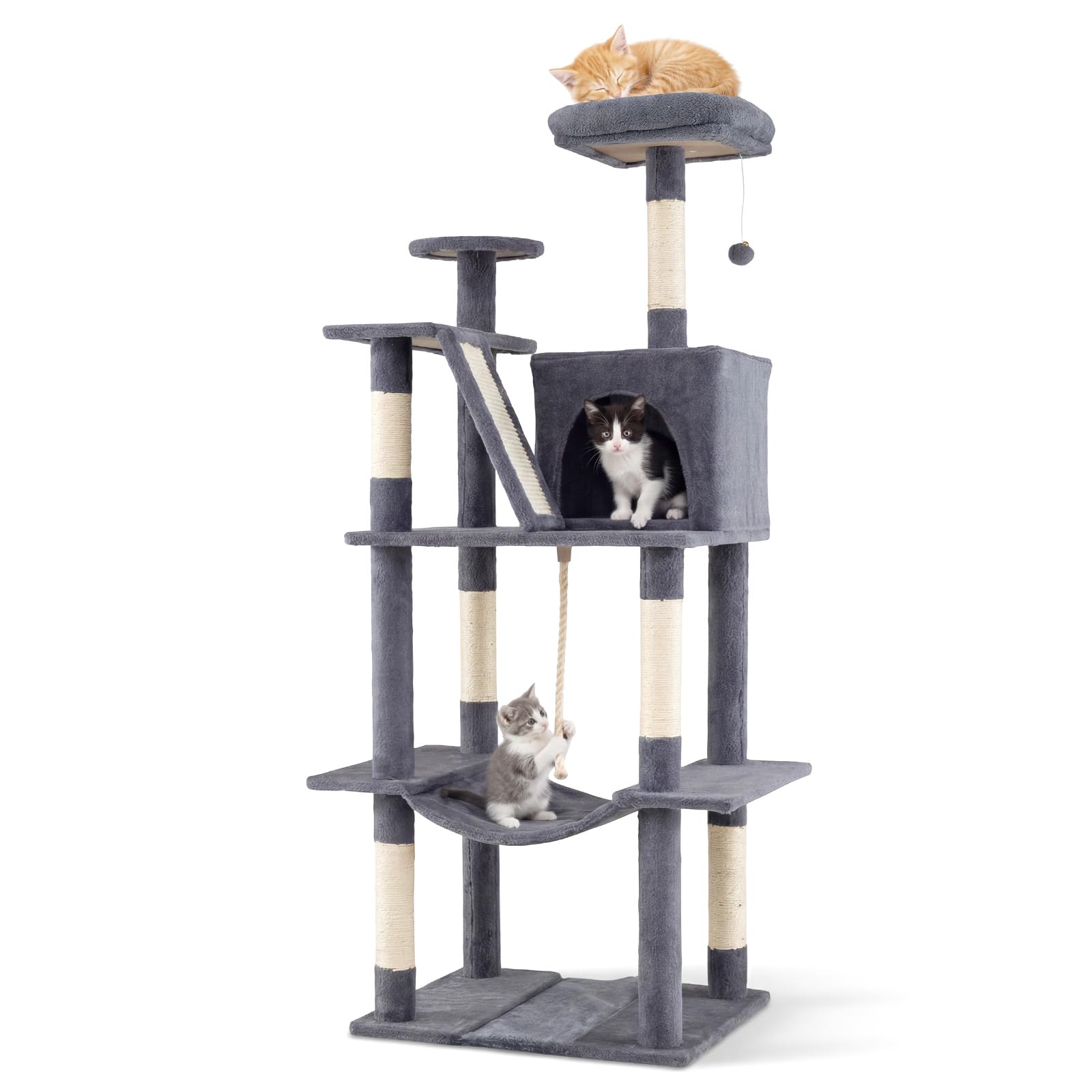 COSTWAY Cat Tree, 158cm Tall Multi-Layer Cats Tower with Plush Top Perch, Cave, Hammock, Sisal Scratching Posts & Ramp, Hanging Rope, Dangling Ball, Indoor Kitten Climbing Stand Activity Furniture