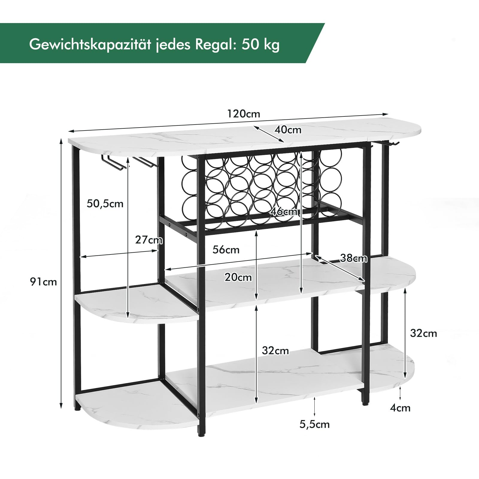 COSTWAY 120cm Weinregal mit Glashalter & Regalen, 3 Ebenen Flaschenregal für 18 Weinflaschen & 8 Gläser, 120 x 40 x 91 cm (Weiß)