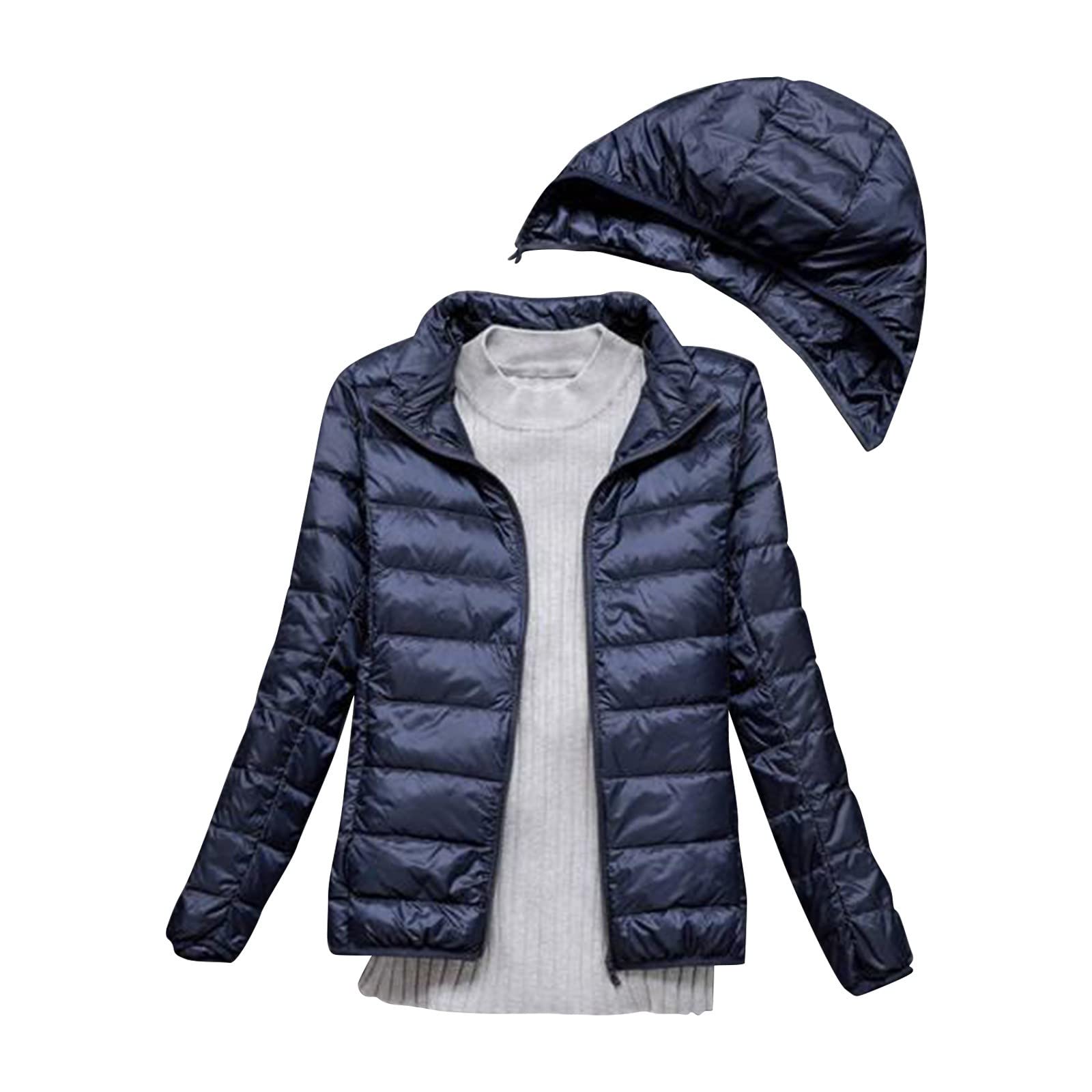 Generisch Piumino invernale da donna, leggero, sottile, per le mezze stagioni, casual, trapuntato, con berretto rimovibile, taglie forti, calda giacca per esterni