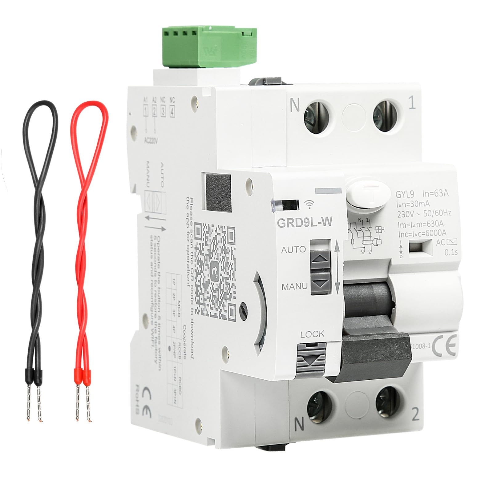 63A 30MA 2 polos wifi disyuntor MCB/RCCB magnetotermico wifi disyuntor inteligente diferencial modo AUTO controlable por APP.