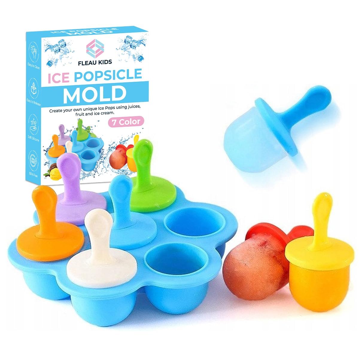 Fleau Kids Ice Cream Molds Silicone - Ice Popsicle Moulds - Ice Cream Container - Ice Cube Mould - Anti-Mink - 7 Pieces - BPA Free