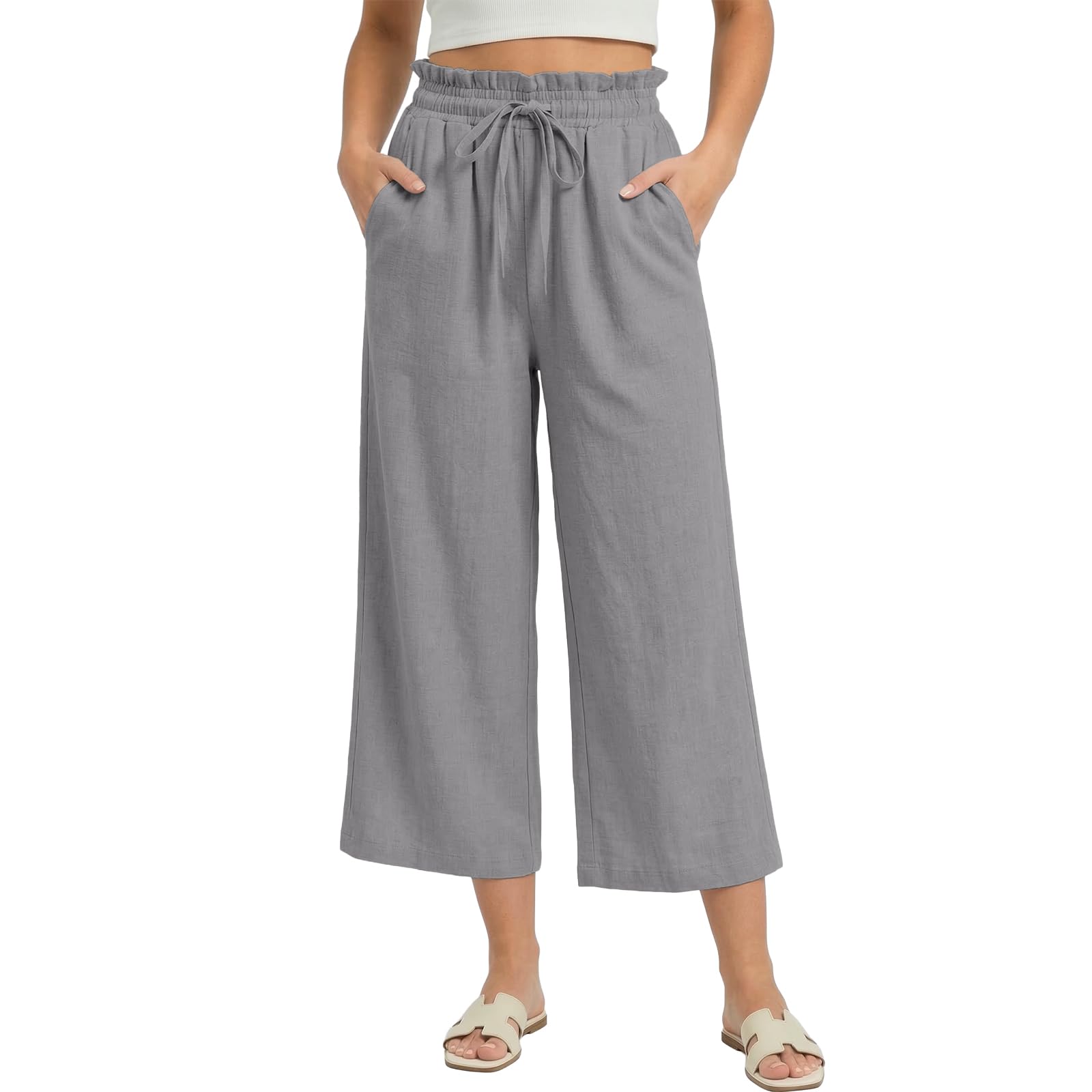 Husmeu Damen Hosen Sommerhose Damen Leicht Leinenhose 7/8 Weites Bein Hohe Taille Baumwolle Leinen Strandhose Freizeithose Geradem Lose Casual mit Taschen