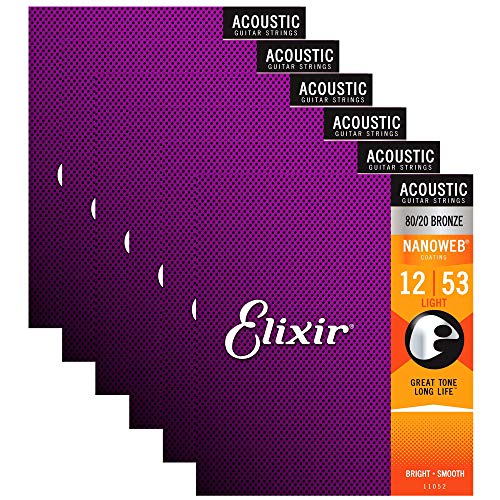Image of Elixir Strings, Acoustic Guitar Strings, 80 /20 Bronze with NANOWEB Technology, Longest-Lasting Bright and Focused Tone For Life with Comfortable Feel, 6 String Set, Light 12-53 (Pack of 2)