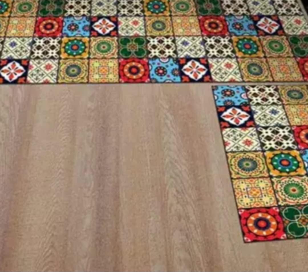 Handloomentic Microfiber with Latex Backing Kitchen Floor Mat & Runner Anti-Skid Washable (18 x55 Inch Runner & 17 x 26 Inch Mat) (Set of 2,Embroidery Pattern)