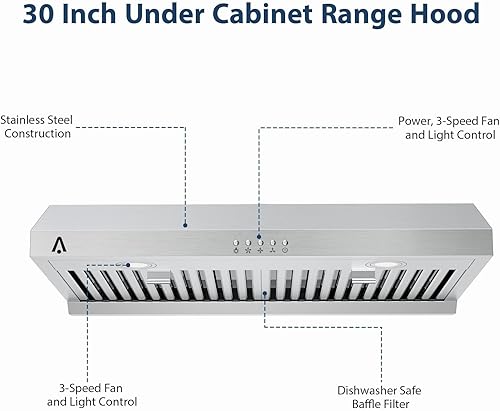 Miniatura 2 de Campana extractora para debajo del gabinete de 30 pulgadas, 400 CFM para convertible, de acero inoxidable con ventilador de escape de 3 velocidades