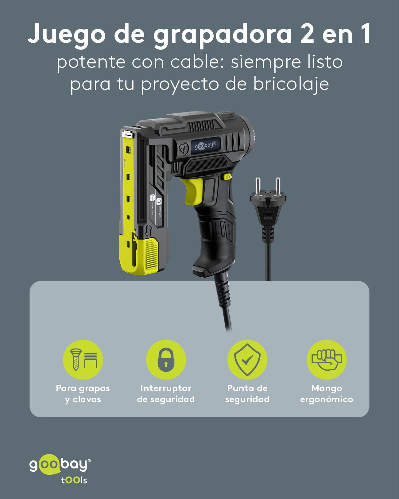 goobay 2 en 1 grapadora y clavadora eléctrica con cable, 70 W, incluye 400 grapas (10 mm) y 100 clavos (14 mm), cable de 2 m, ideal para tapicería, bricolaje y reparaciones domésticas, 77820