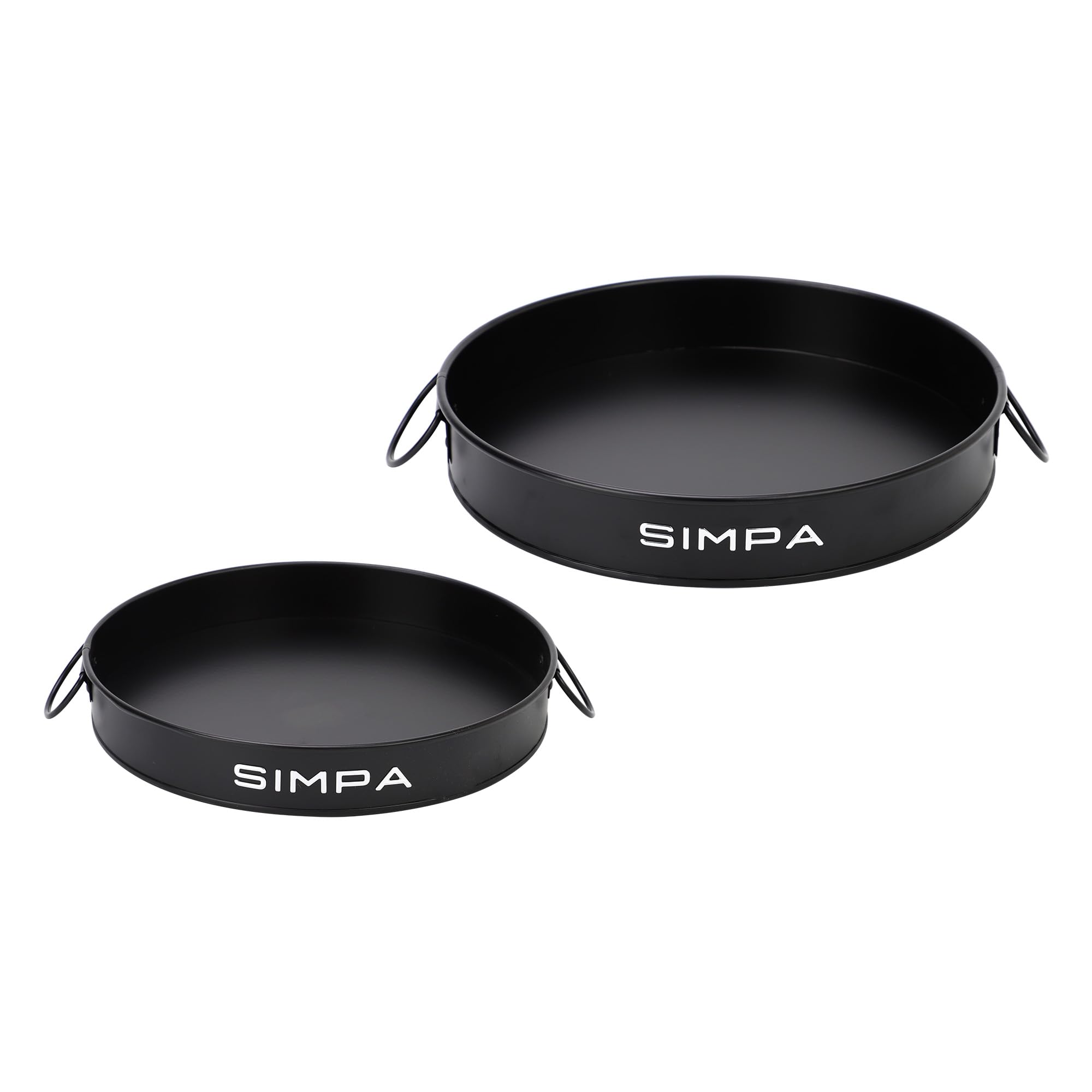 Simpa Matt Black Round 2Pc Metal Colour Serving Trays Set With Handles, 30Cm & 25Cm Diameter Trays