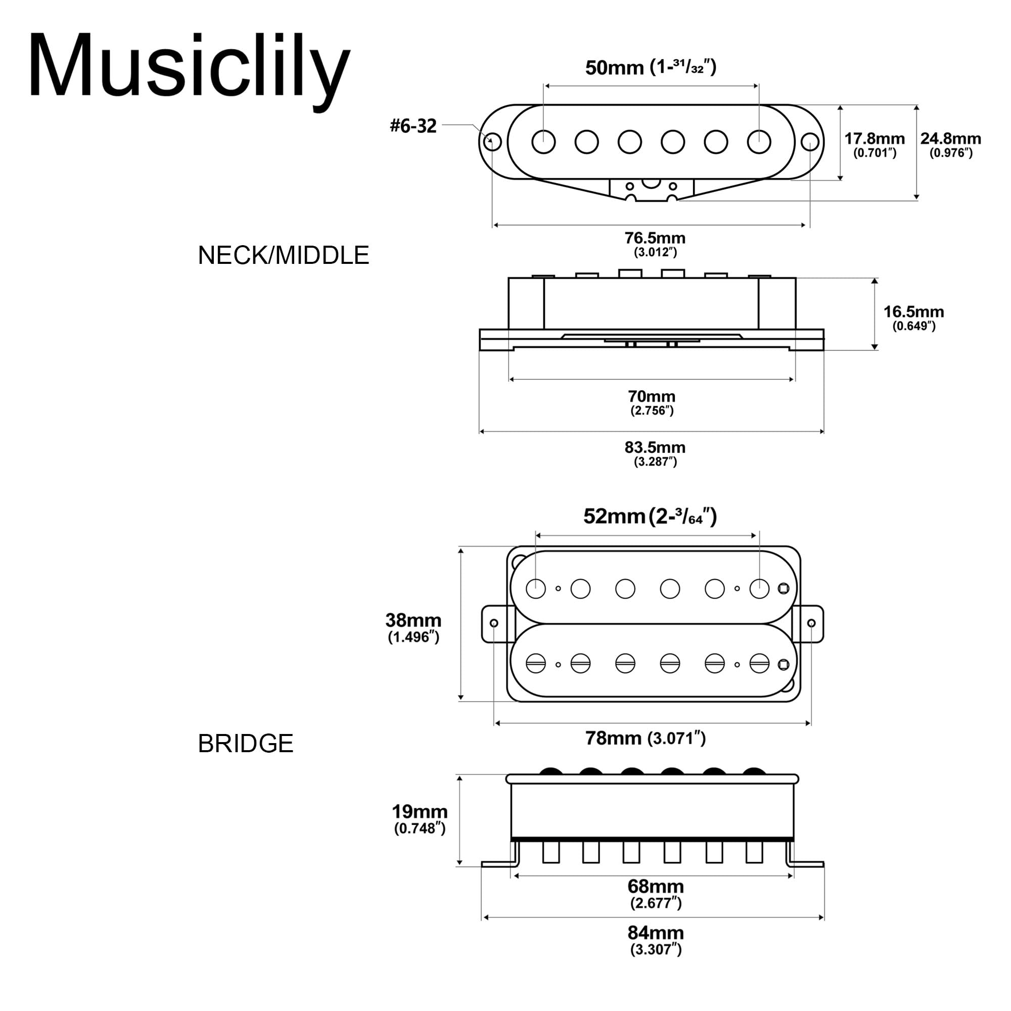 Musiclily Pro ST-60SE Staggered Alnico 5 Single Coil Humbucker HSS Pickups Set für Strat Style E-Gitarre, Schwarz