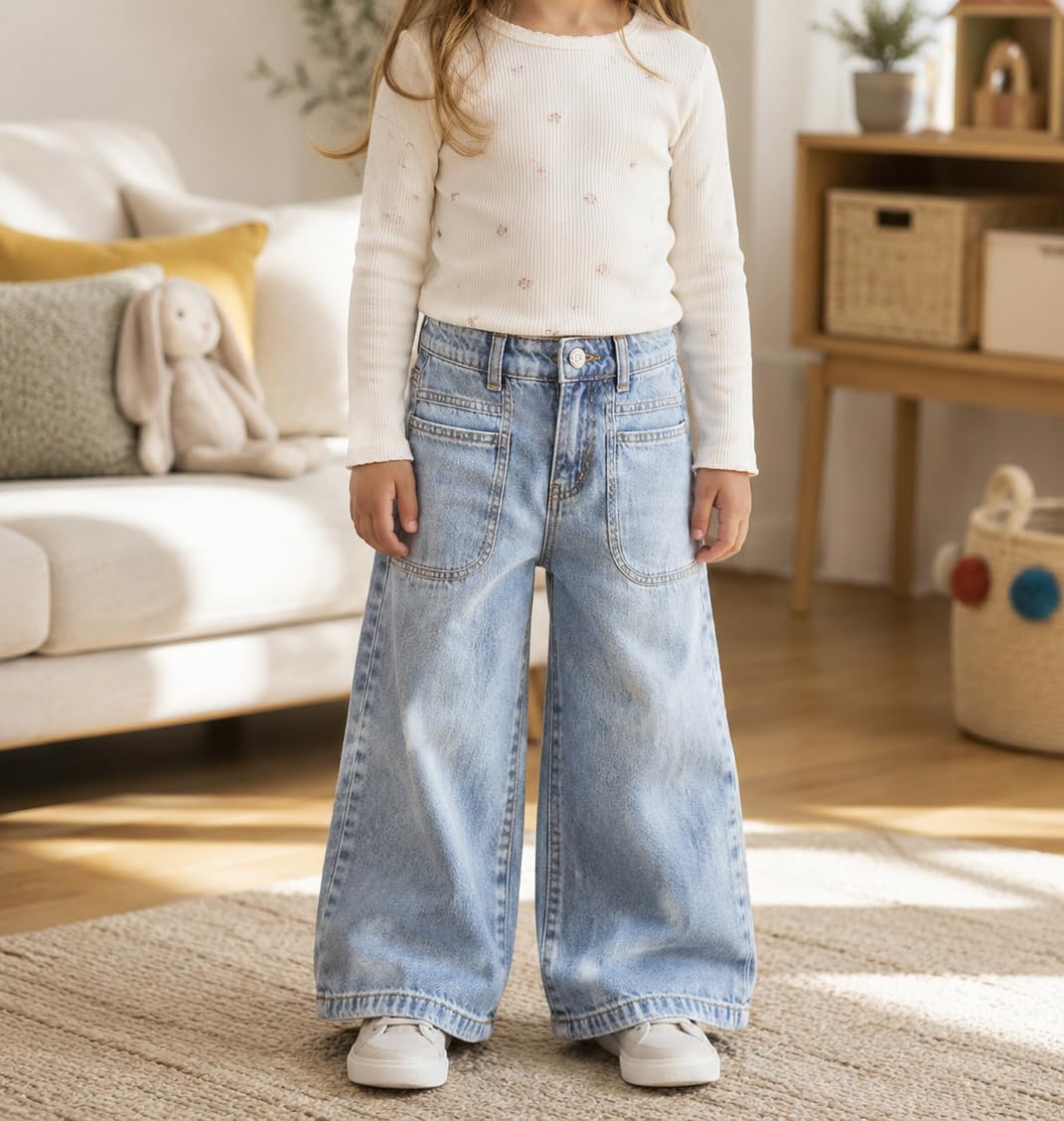 KIDSCOOL SPACE Jeans pour Jeunes Filles, Pantalons en Jean Palazzo à Jambes Larges, Large Gamme de Tailles 12M-14T