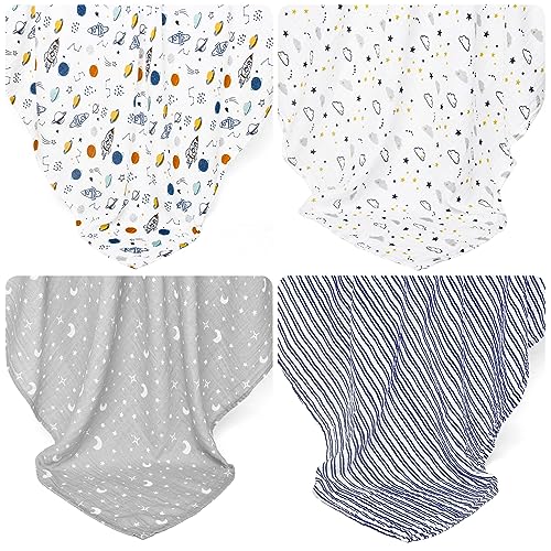Image of david's kids 4 Pack Baby Muslin Swaddle Blankets, 100% Cotton and Ultra Soft Breathable Receiving Blanket Wrap for Boys Girls, New Born Essentials, Large 47 x 47 inches, Space /Stars /Wave