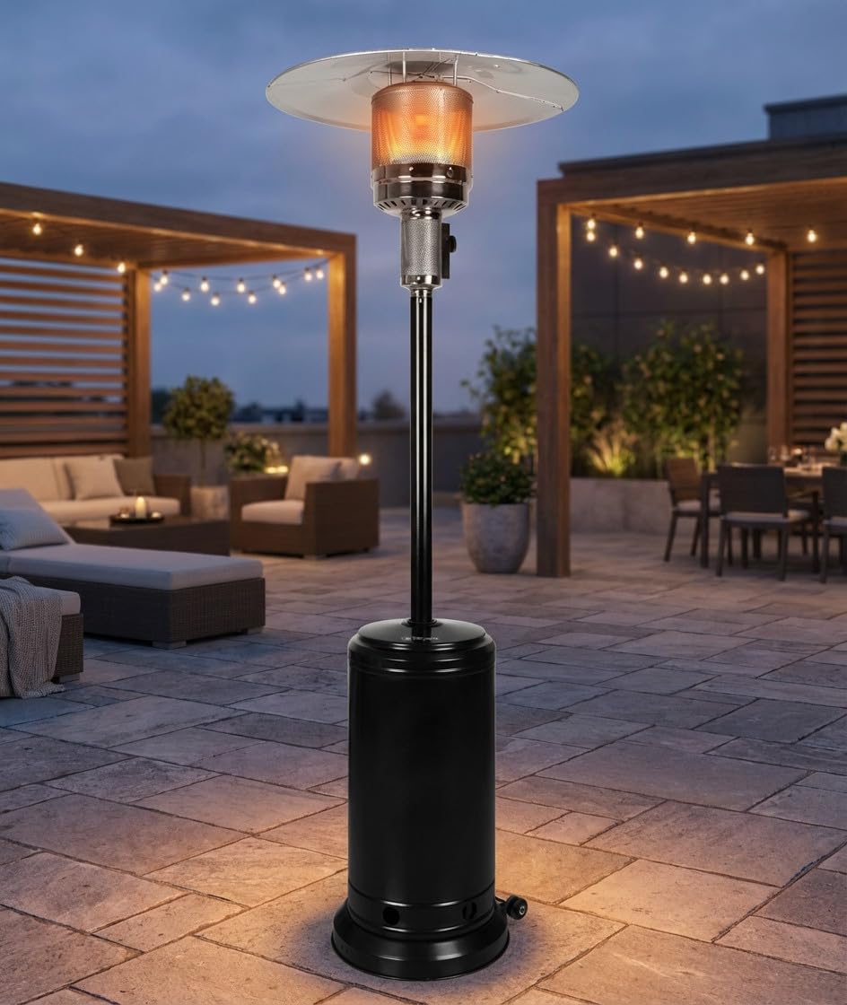Estufa exterior de gas | Estufa gas para terraza o jardin con ruedas y dispositivo antivuelco | Estufa de gas exterior negra | Estufa Gas Restaurantes | Gas Ajustable 3,5 a 8 kW