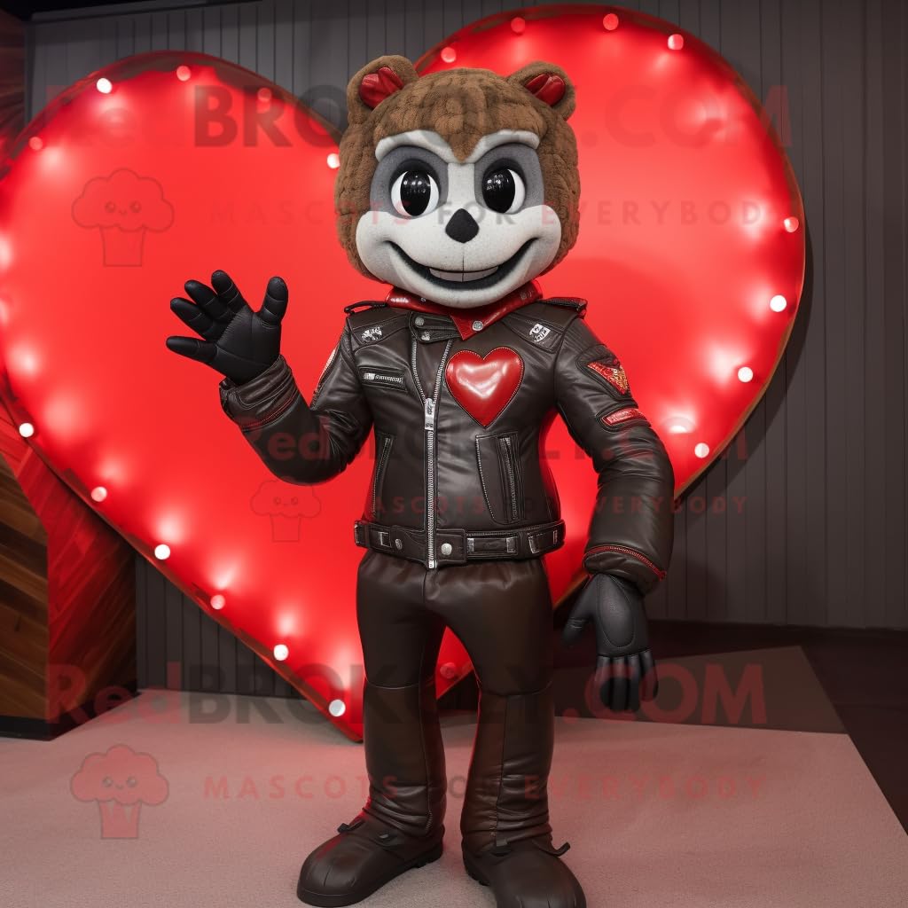 Red Heart mascotte personaggio costume vestito con una giacca di pelle e guanti