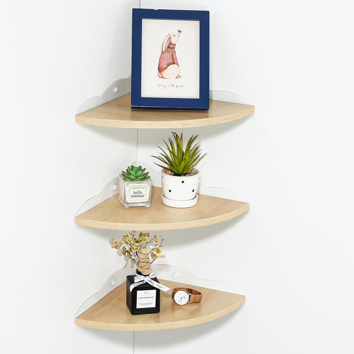 SAYAYO Estanteria Pared de 90° Juego de 3, Estante Esquinero de Madera, Radio de 27 CM Estante de Pared, Estantes Flotantes para Baño, Sala de Estar, Cocina