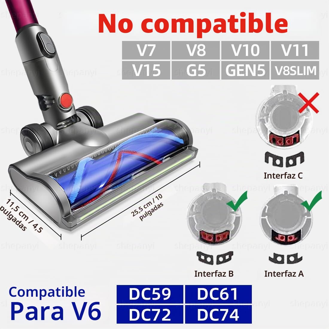 LED Cepillo de Suelo Compatible para Dyson V6 DC58 DC59 DC62 DC72 DC74 SV04 SV06 SV09 Aspiradora,Cepillo de Aspiradora para suelo duro y alfombra,No Se Aplica a Alfombras Largas.