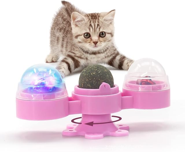 Windmill Catnip Balls Toys for Indoor Cats, Avotik Rotatable Interactive Cat Toy, Turntable Teasing Pet Toy with Catnip ball, LED Flash Ball, Bell Ball for Kitty Teeth Cleaning
