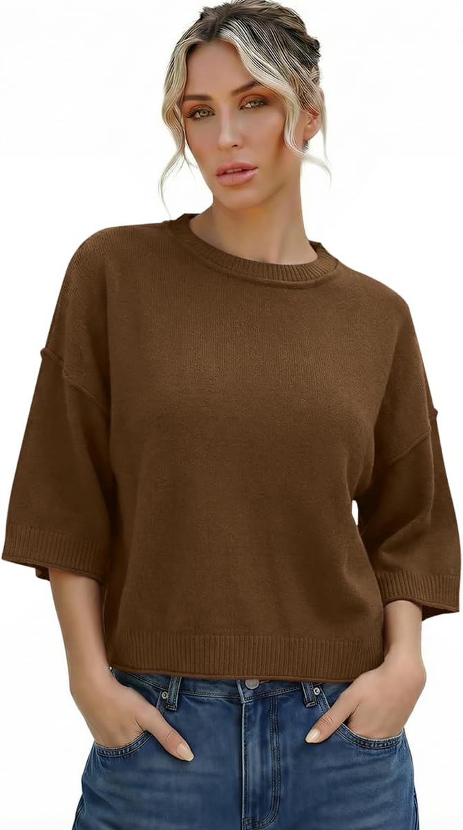 LaGracia Womens Short Sleeve Sweater Summer Oversized Cropped Sweaters Crew Neck Casual Knit Summer Crop Tops for Women 2026 - Image 4