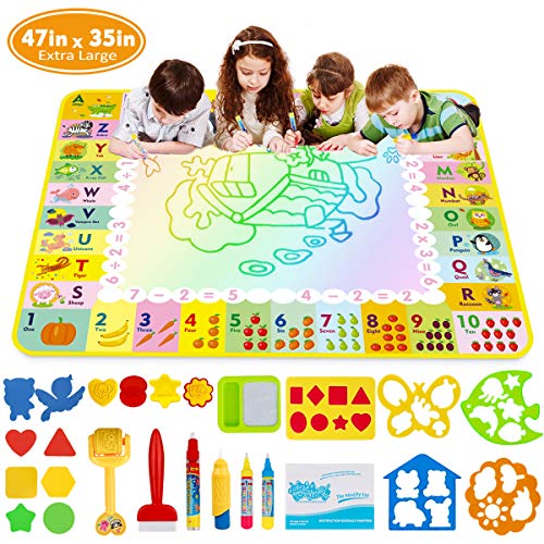 Doodle Mat - Funplus Large Size 47" X 35" of Water Drawing Mat for Kids with 4 Magic Water Pens and 17 Molds, No Mess Kids Educational Toy Gift Magic Painting Doodle Mat with Neon Colors for Toddler