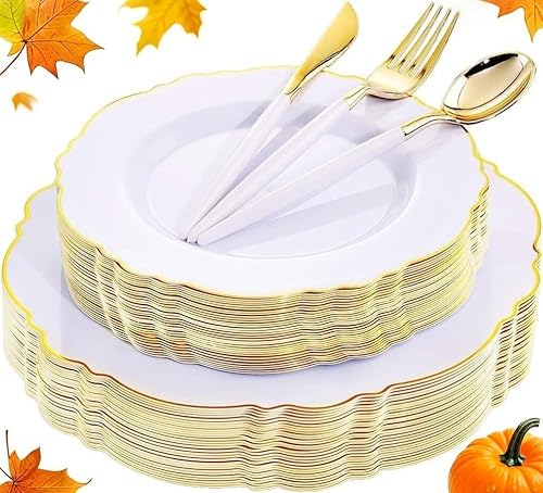 WDF 30Guest Gold Plastic Plates - High-end Baroque Design - 10.25&7.5in Wedding White and Gold Plates Disposable for Thanksgiving Parties/Wedding WDF 30Guest Gold Plastic Plates - High-end Baroque Design - 10.25&7.5in Wedding White and Gold Plates Disposable for Thanksgiving Parties/Wedding