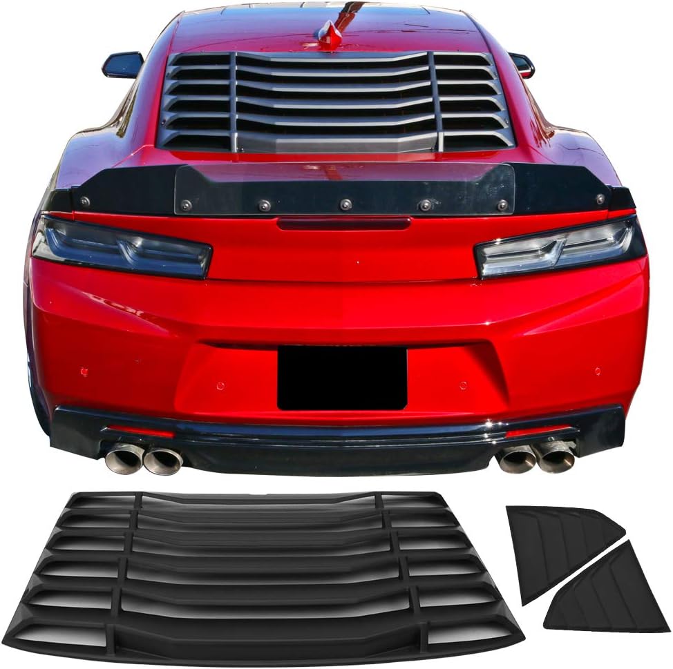 IKON MOTORSPORTS, Window Louver Compatible with 2016-2024 Chevy Camaro, IKON Style Rear & Side Quarter Scoop, Smoke/Tinted & Unpainted Black ABS Plastic