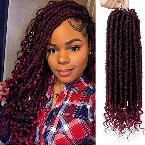 AISI BEAUTY Straight Goddess Locs Crochet Hair Faux Locs with Curly Ends 6 Packs/lot Crochet Twist Braiding Hair 24 Roots Black Mixed Burgundy Synthetic Goddess Locs Hair Extension(Color: 1B/Bug,16'')