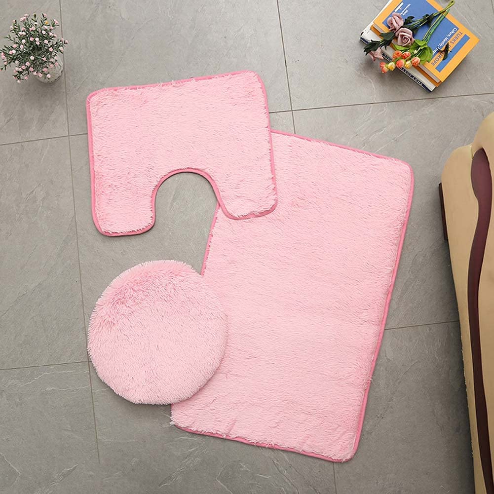 AYGCI Bathroom Rug Set of 3 Bath Mats Bath Set Bathroom Rugs Soft Anti Slip Soft Mats U-Shaped Contour Toilet Rug Bathmat and Toilet Lid Cover Pink