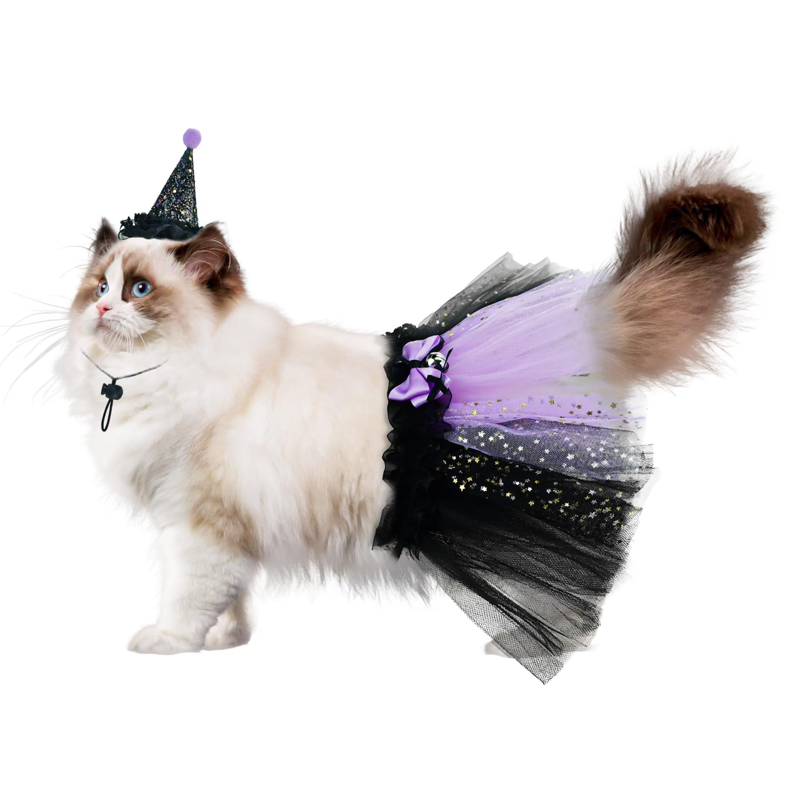 ShuRung Pet Halloween Witch Costume for Cat Kitten Witch's Hat & Black Tutu Skirt Cat Bandana Purple Wizard Cosplay Outfits Small Pet Halloween