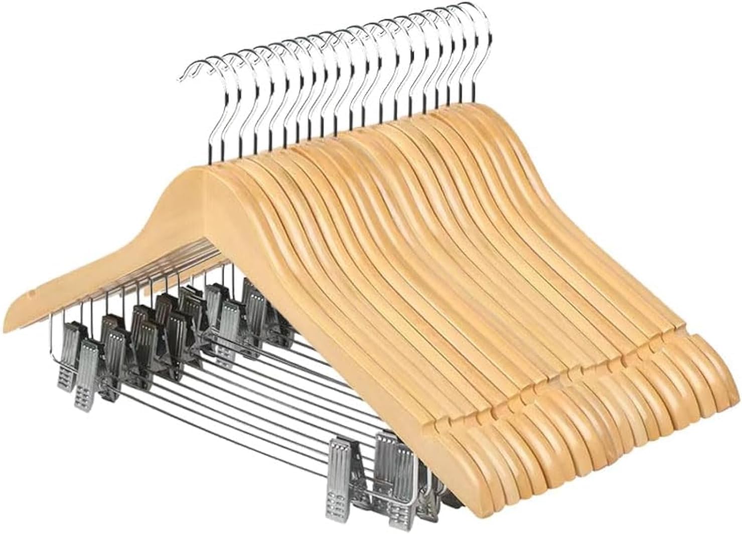 Paquete de 20 perchas de madera para faldas con clips, perchas duraderas para trajes suaves con clips de metal duraderos, perchas de madera de primera calidad para chaquetas, faldas, abrigos