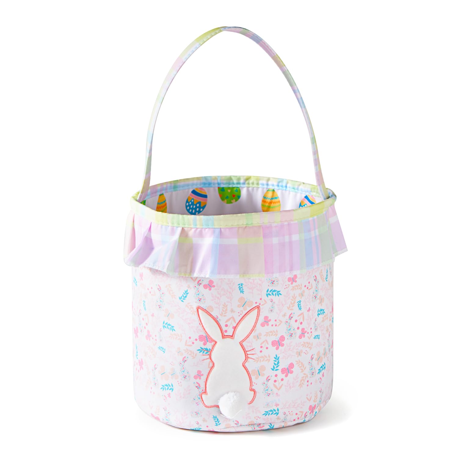 Ouksma Easter Bunny Embroidered Basket with Ruffled Trim for Easter Egg Hunts, Gifts, Holiday Decorations, Spring Party Favors (Bunny Egg Butterfly Plaid)