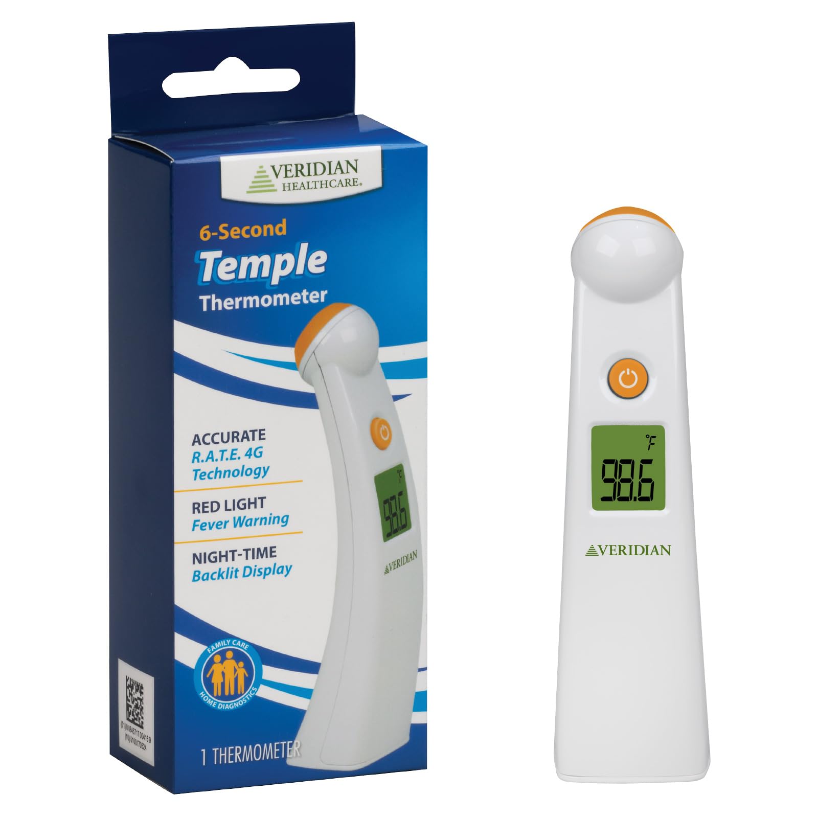 Veridian Temple Thermometer | Infrared Measurements | Fast 6-Second Readout | Backlit Display | Fever Alert Red Light | 1-Year Warranty
