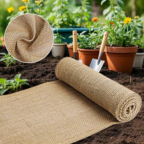 UBCGOTT Burlap Fabric - Garden Burlap Fabric Roll Natural Jute Outdoor Fabric Burlap Weed Barrier Trees Trunk Wrap for Crafts Farmhouse Gardening Table Decor for Crafts (19.7' x 5 Feet)