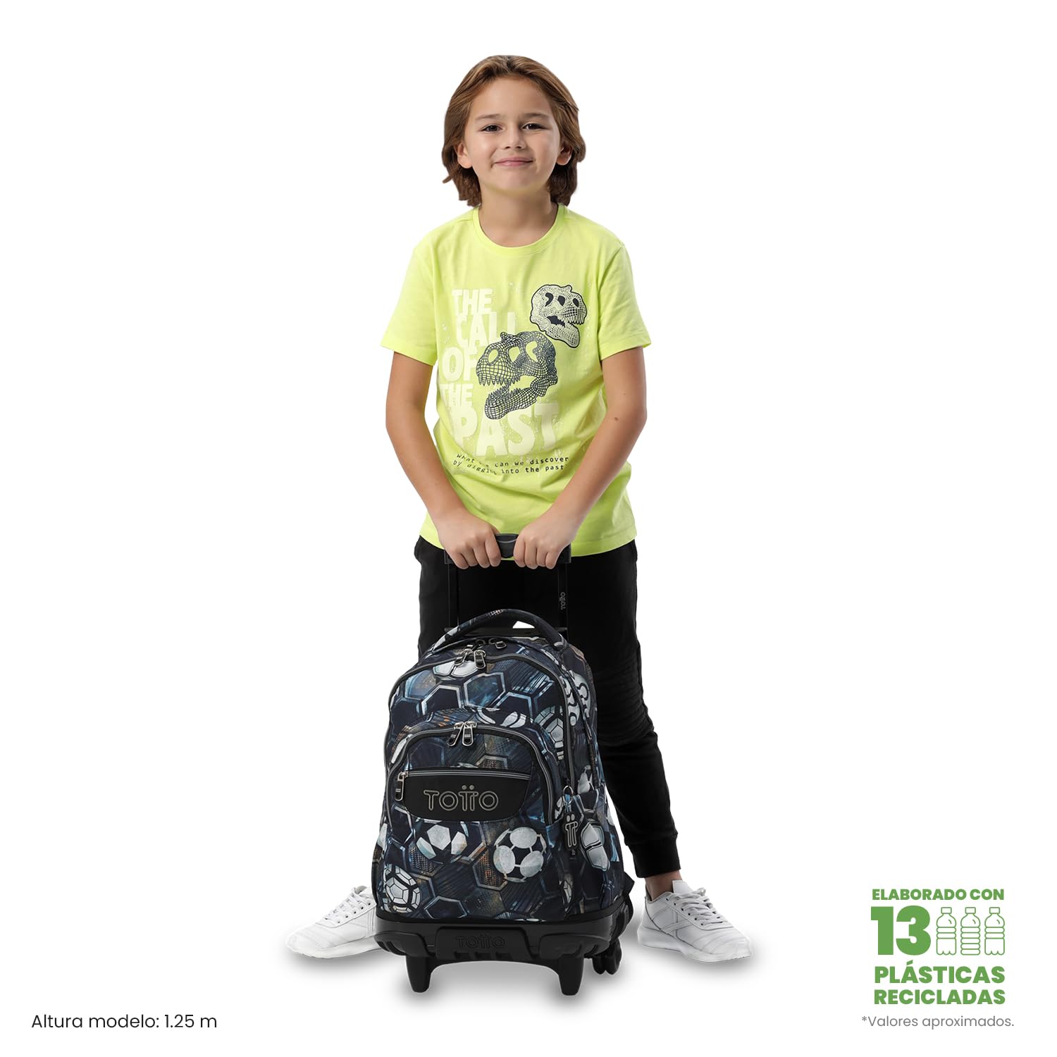 TOTTO - Mochila Escolar con Ruedas, Modelo Renglones, Capacidad 26,21 Litros, Bolsillo para PC 15,4", Bolsillo Botella, Correas en S para Mayor Comodidad, Resistente, Estampado Verat Soccer