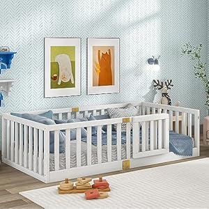 Tatub Twin Montessori Bed with Safety Guardrails and Door, Wood Frame Beds for Kids, Door Can Install Left and Right, White Tatub Twin Montessori Bed with Safety Guardrails and Door Wood Frame Beds for Kids Door Can Install Left and Right White