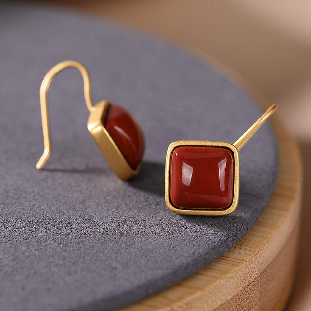 Vintage Largo Aretes De Plata Esterlina S925 Mujeres Chapado En Oro Geometría Ágata Roja Encanto Elegante De Estilo Chino De Gama Alta De Temperamento Temperamento Don