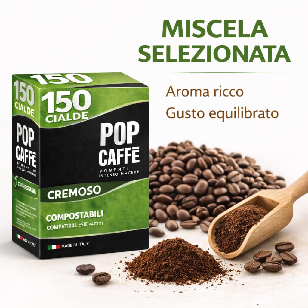 POP Caffè Cialde ESE 44 Compostabili – 150 Cialde Caffè Miscela Rossa Cremosa, Espresso Intenso, Compatibili con Macchine ESE 44mm